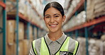 Woman, face and warehouse logistics or inventory ecommerce or import distribution, package or storage. Female person, smile and factory service or export supply chain or order, delivery or shipping