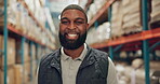 Man, face and warehouse logistics for production ecommerce for import distribution, inventory or storage. Black person, smile and factory service or export supply chain or order, delivery or shipping