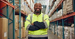 Happy, black man and professional with confidence in supply chain, logistics or shipping industry. Portrait of African male person or employee with smile and arms crossed for storage at warehouse