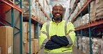 Happy, black man and professional with confidence in shipping industry, logistics or supply chain. Portrait of African male person or employee with smile and arms crossed for storage at warehouse