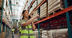 Woman, phone call and logistics with storage for inspection, communication or conversation at warehouse. Young female person or employee talking on mobile smartphone for supply chain or discussion