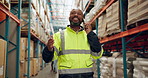 Black man, phone call and logistics with storage for conversation, communication or discussion at warehouse. African male person or employee talking on mobile smartphone for supply chain at depot