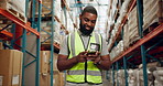 Happy, black man and typing with phone in logistics for communication or networking at warehouse. African male person with smile on mobile smartphone for supply chain, online chatting or texting