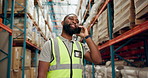 Black man, phone call and logistics with inventory for conversation, communication or discussion at warehouse. African male person or employee talking on mobile smartphone for supply chain at depot