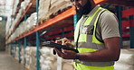 Black man, hands and logistics with tablet for inventory inspection, research or quality assurance at warehouse. Closeup of African male person with technology for storage, checklist or supply chain