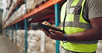 Man, hands and inventory with tablet for shipping, inspection or research in logistics at warehouse. Closeup of male person or employee with technology for storage, checklist or supply chain service