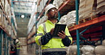 Black man, logistics and inventory inspection with tablet for supply chain, storage check or quality assurance at warehouse. African male person or manager with technology for checklist or shipping