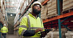 Thinking, warehouse and black man with tablet for inspection, inventory and online stock. Shipping, distribution and person on digital tech for logistics, maintenance and manufacturing in factory