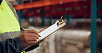 Manufacturing, factory and hands of man with clipboard for inspection, inventory and check stock. Shipping, distribution and person writing notes for logistics, maintenance and checklist in warehouse