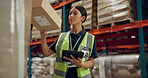 Woman, box and inventory inspection with tablet for logistics, shipping or storage management at warehouse. Female person or depot inspector with technology for stock count, checklist or supply chain
