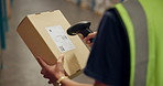 Person, hands and box with scanner for pricing, logistics or barcode in supply chain or shipping industry at warehouse. Closeup of employee or storage manager scanning parcel, package or inventory