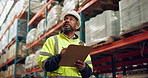 Manufacturing, warehouse and black man with clipboard for inspection, inventory and check stock. Shipping, distribution and person writing notes for logistics, maintenance and checklist in factory