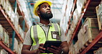 Walking, warehouse and black man with tablet for inspection, inventory and online stock. Shipping, distribution and person on digital tech for logistics, maintenance and manufacturing in factory