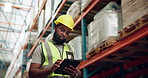 Distribution, factory and black man on tablet for inspection, inventory and online stock. Shipping, manufacturing and person on digital tech for logistics, maintenance and checklist in warehouse