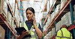 Woman, phone call and tablet in warehouse for logistics, distribution and contact with supplier for inventory management. Talk, communication and inspection with digital checklist and quality control