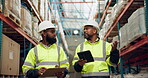 Tablet, warehouse for shipping and black man inspection team talking stock or storage on shelves. Industry, logistics or supply chain and employee people with checklist for import or export delivery 