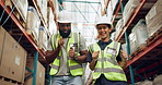 Warehouse, man and woman with celebration, dancing and cooperation with happiness or excited. Factory, inspection or employees with energy, factory or quality assurance with promotion or supply chain