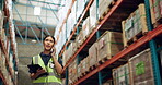 Woman, phone call and warehouse logistics for production of ecommerce supply chain, shipping or inventory. Female person, tablet and order distribution in factory or import cargo, packaging or parcel