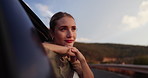 Woman, car window and road trip thinking with view or journey adventure as passenger or relax, holiday or calm. Female person, transport and mountain street in Australia for rest, vacation or travel