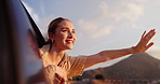 Woman, window and travel in car with freedom for summer vacation, holiday and sunset in Canada. Journey, drive and girl with peace on road trip for adventure, tourism and fresh air at countryside