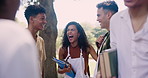 School, diversity and funny student friends on university campus together in summer. Education, college and study with group of young people laughing outdoor at academy for learning scholarship