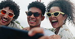 Friends, sunglasses and happy selfie for outdoor photography, peace and social media with emoji face. Excited group of people or gen z with cool accessories and profile picture at the park or city