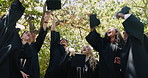 Throw, graduation and students on campus in college or university to celebrate school diploma or goals. Hat, graduate scholarship or excited community with education in nature or park with success