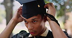 Ready, graduation cap or student on campus in university or college event to celebrate school diploma. Outdoor, graduate scholarship or man with hat or education degree in nature or park with success