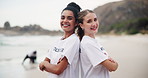 Happy woman, beach and friends with volunteer in confidence to save the planet, earth or recycling in nature. Portrait of female person or team with smile or arms crossed for eco friendly environment