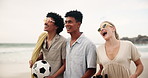 Friends, walking or happy by sea on holiday, sightseeing or bonding together on adventure by ocean shore. Men, woman and diversity with soccer ball, fun and cooler box with drinks for beach picnic