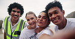 Happy people, volunteer and beach with selfie for eco friendly environment, recycling or community service. Portrait of group or volunteering workers with smile for picture, memory or moment at ocean