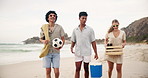 Friends, walking and talking by sea on holiday, picnic and bonding together on adventure by ocean shore. Men, woman and diversity with foot on sand, happy and cooler box with drinks for beach party