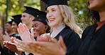 Clapping, graduation or students on campus in college or university to celebrate school diploma or goals. Smile, graduate scholarship or excited community with applause in nature for class success