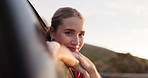 Road trip, face and woman in moving car, window and freedom of travel with vehicle to relax. Smile, female person and happiness for girl in motorcar for transportation with fresh air in journey