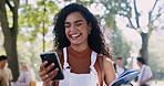 Woman, phone or smile at internet, meme or gif as funny digital joke on social media network. Happy, female student or smartphone on app, blog or online streaming for humor, fail or comedy video