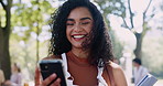 Woman, phone or smile at internet, joke or gif as funny digital meme on social media network. Happy, female student or smartphone on app, blog or online streaming for humor, fail or comedy video