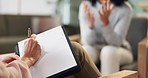 Psychologist, patient and hands with notes for mental health diagnosis or listening for depression, consulting or writing. Therapist, person and conversation for empathy support, trauma or stress