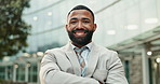 Happy, crossed arms and face of businessman in city with positive, good and confident attitude for career. Smile, pride and closeup portrait of professional male person standing in urban town.