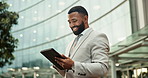 Happy, tablet and business black man in city by office building for communication, typing email and contact. Professional, travel and person on digital tech for social networking, website and news