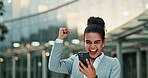 Business, phone and excited woman in city with winner fist celebration for feedback, results or review. Yes, hands and entrepreneur happy with smartphone notification of job, promotion or opportunity