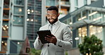 Happy, tablet and business black man in city for communication, typing email and research. Professional, corporate worker and person on digital technology for social networking, website and news