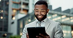 City, corporate and business black man on tablet for communication, typing email and connection. Professional, urban town and happy person on digital tech for social networking, website and contact