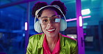 Face, smile and woman in headphones, neon and listening to music on digital interface. Portrait, glasses and person dancing to audio or hand click futuristic touchscreen for choice of sound at night