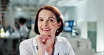Science, laboratory and face of mature woman for medical analysis, research and biotechnology. Healthcare, pharmaceutical and portrait of scientist for vaccine development, medicine and experiment