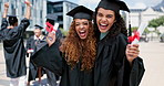 Women, friends and face at graduation with certificate, success or celebration with hug at campus. Group, people and embrace with diploma, diversity or cheers with support for achievement at college