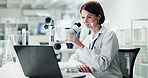 Mature woman, microscope and laboratory for science with laptop, thinking and check for results. Person, scientist and data analysis for sample, bacteria or particles with computer in lab with ideas