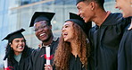 Education, university and happy students at graduation for certificate, celebration or success. Graduate, school or college friends with diversity, diploma or academic, award or milestone achievement