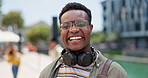 Face, student or headphone for listen, music or radio on break on university campus in South Africa. Happy, gen z and black man for audio, streaming or podcast to relax, entertainment and spring day