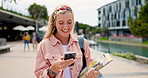 Woman, university student and laugh with phone on walk with meme, reading and books for studying at campus. Girl, gen z person and happy with smartphone for funny post on social network at college