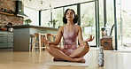 Lotus pose, woman and yoga in home for meditation and breath control for mindfulness, zen and healthy body. Lady, stretching or padmasana on mat for wellness, grounding or flexibility in living room